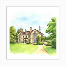 Watercolor Illustration Of The Nunnington Hall In North Yorkshire, Featuring Its Picturesque Design And Tranquil Grounds Art Print