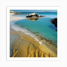 Blue Sea and Striations in the Sand at Walrus Rock Art Print