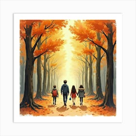 Watercolor Of Ents Walking Through An Autumn Colored Forest Art Print