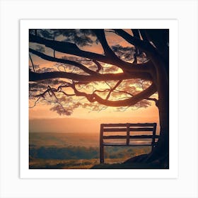 Bench Under A Tree At Sunset Art Print