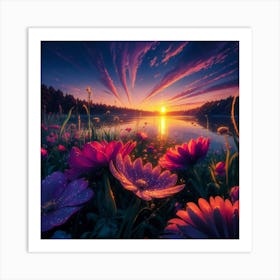 Sunset With Flowers Art Print