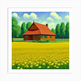 Simple Country Life A Farmhouse at Sunset Dandelion Field Art Print