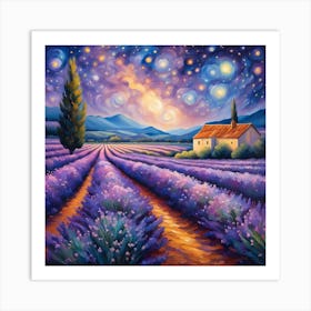 Starry Lavender Fields: A Tranquil Evening in Purple Hues Art Print