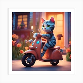 Cat On A Scooter Art Print