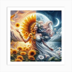 Sunflowers And Moon Art Print