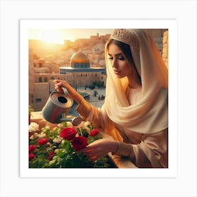 Jerusalem Woman Watering Roses Art Print