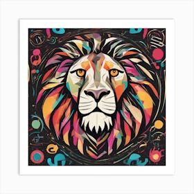 An Image Of A Lion With Letters On A Black Background, In The Style Of Bold Lines, Vivid Colors, Gra Art Print