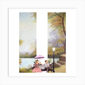 Couple On Bench With Umbrella Art Print