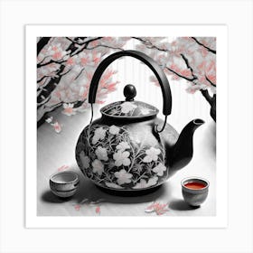 Firefly An Intricate Beautiful Japanese Teapot, Modern, Illustration, Sakura Garden Background 66701 Art Print