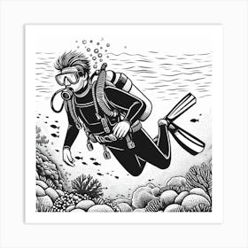 Line Art scuba diver 3 Art Print