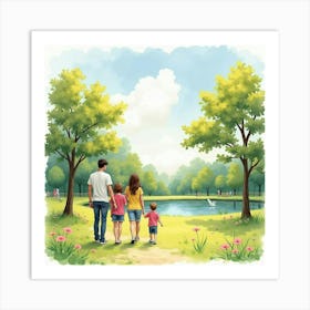 Romanian Family Enjoying An English Park, Watercolor Illustration 1 Art Print