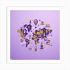 Purple and Yellow World: A Minimalist and Elegant Illustration of a World Map in Purple and Yellow Colors Art Print