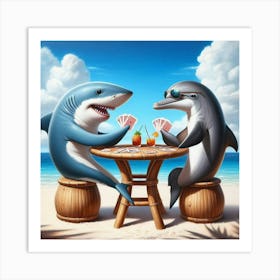 Shark And Dolphin Playing Cards On The Beach Art Print