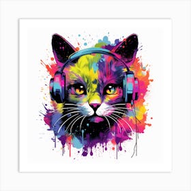 Cat With Headphones Art Print