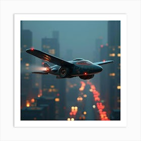 Futuristic Flying Car With Aerodynamic Wings, Hovering Above City Lights 1 Art Print