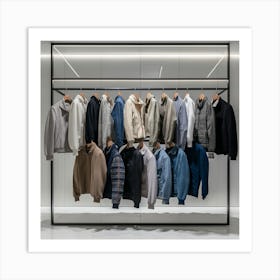 A rack of men's jackets and hoodies on a rack 2 Art Print