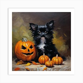 Black Cat With Pumpkins Art Print