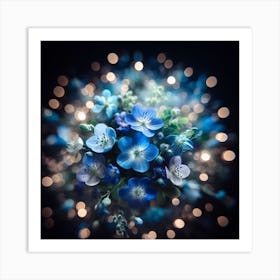 Blue Flowers Bokeh Art Print