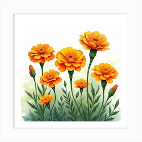 Bright Marigolds Blooming In A Watercolor Garden Scene 1 Art Print