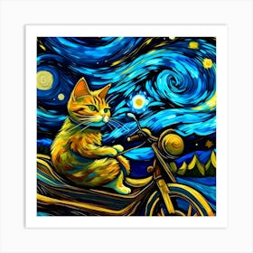 A cat riding a rocket motorcycle through a starry night, with swirling clouds and brushstrokes in Van Gogh's signature style Art Print