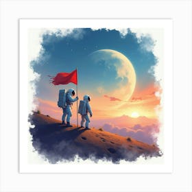 Watercolor Astronauts Planting A Flag On An Alien Planet With Vibrant Skies 1 Art Print