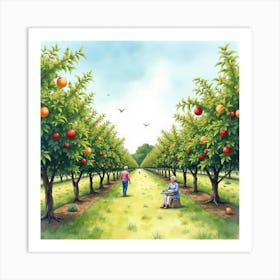 A Watercolor Of An English Countryside Orchard With People Picking Fruit And Enjoying The Day 1 Art Print