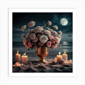 vase of Roses ander moon light Art Print