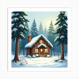 Cozy Cabin In The Woods In Watercolor, Surrounded By Tall Trees And Snow Art Print