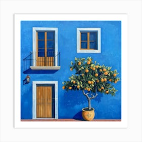 Orange Tree On Blue House Art Print