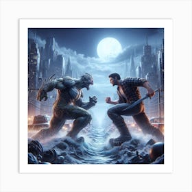 Two Men Fighting In A City Art Print