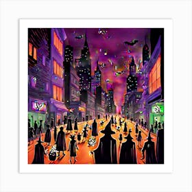 The Image Captures A Contemporary Halloween Scene Featuring A Bustling Urban Street Brightly Illumi (1) Art Print