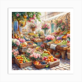 Flower and Fruit Market: A Realistic and Detailed Painting of a Flower and Fruit Market with Various Types of Flowers and Fruits Art Print