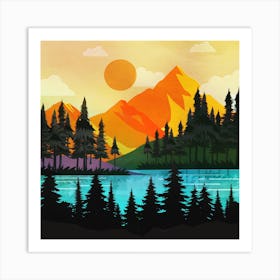 Colorful sunset near the peaceful forest lake Art Print