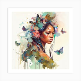 Watercolor Floral Indian Native Woman #9 Art Print