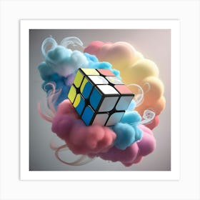 A Vibrant, 3d Illustration Of A Rubik S Cube Suspended In A Dreamlike, Abstract Art Environment, With Swirling Clouds Of Pastel Pink, Blue, And Yellow Hues Surrounding The Cube, Blending Into A Subtle Gradient Of Bold, Neon Like Colors (2) Art Print