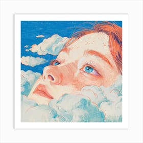 Cloudy Sky Woman's Portrait Hand Drawing Illustration Art Print