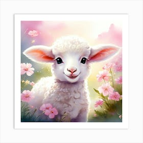 Lamb In Pink Flowers Art Print