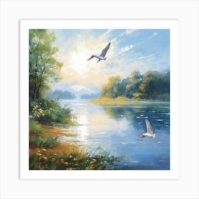 Seagulls By The River Art Print