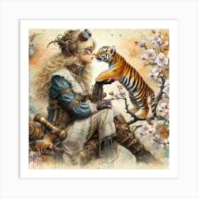 Steampunk Girl With Tiger 2 Art Print