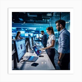 A Bustling Modern Office Scene Employees Engaging With Diverse Digital Devices As They Engage In Co (1) 2 Art Print