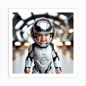 3d Dslr Photography, Model Shot, Baby From The Future Smiling Wearing Futuristic Suit Designed By Apple, Digital Vr Helmet, Sport S Car In Background, Beautiful Detailed Eyes, Professional Award Winning Portrait Art Print
