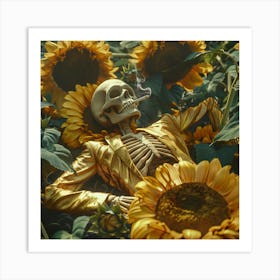 Skeleton In Sunflowers Art Print