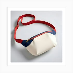 A White, Blue, And Red Fanny Pack With A Gold Zipper, Displayed Against A White Background Art Print