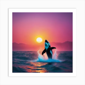 Orca Whale Jumping At Sunset Art Print