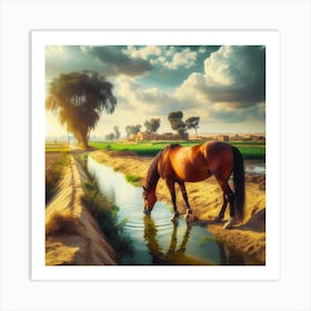 Captivating Scene: A Majestic Horse Quenching its Thirst in a Village, Bathed in the Glow of a Mesmerizing Sunset Art Print