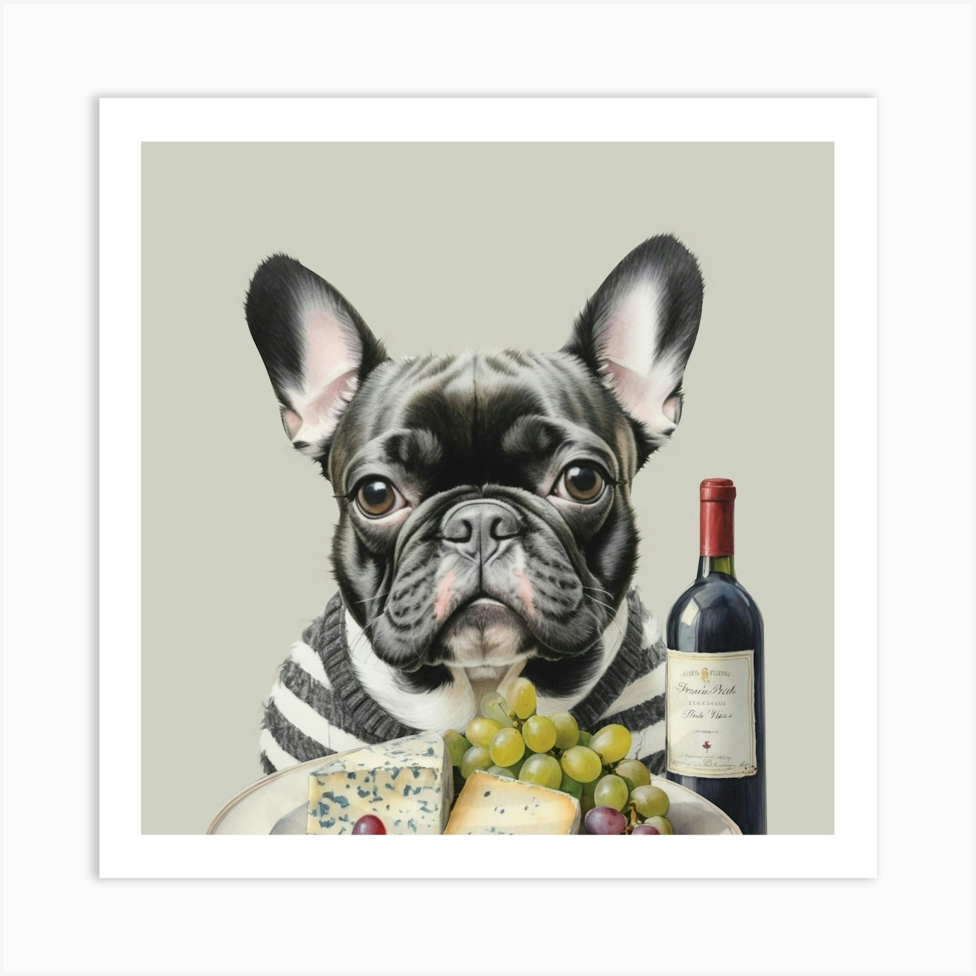 French Bulldog with Cheese and Wine Art Print by Designed By Lorna