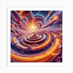 3 Dimensional Rivers With Multiple Orange Lightning And Purple Swirls In A Vortex Of Storm Clouds 2 Art Print