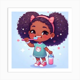 Little Black Girl Brushing Her Teeth Art Print