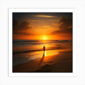 Man Walking On Beach At Sunset Art Print