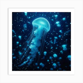 Electric Jellyfish Dance in the Bioluminescent Abyss Art Print